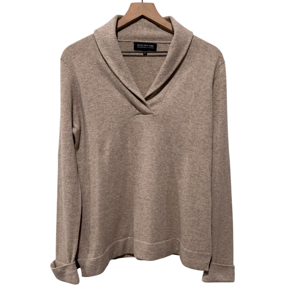 Jones New York 100% Cashmere Sweater Women L Beige Pullover Shawl Collar Preppy